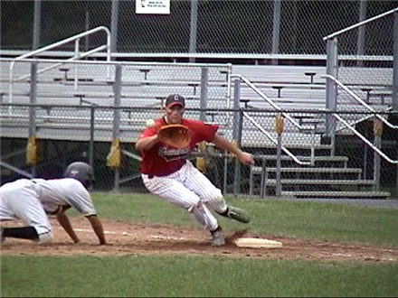 Brett Cecil takes the pickoff throw from Matt in a big move